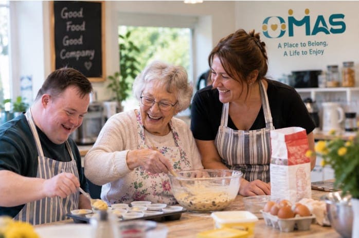 Friends baking together in the kitchen